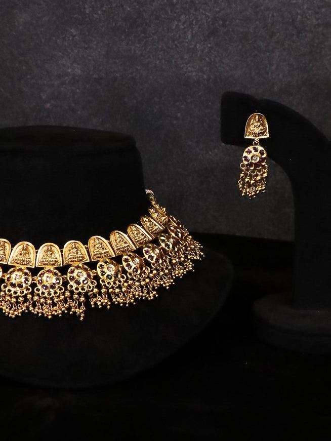 Antique lakshmi necklace with kemp stone and gold beads hanging - {{ collection.title }} by Prashanti Sarees