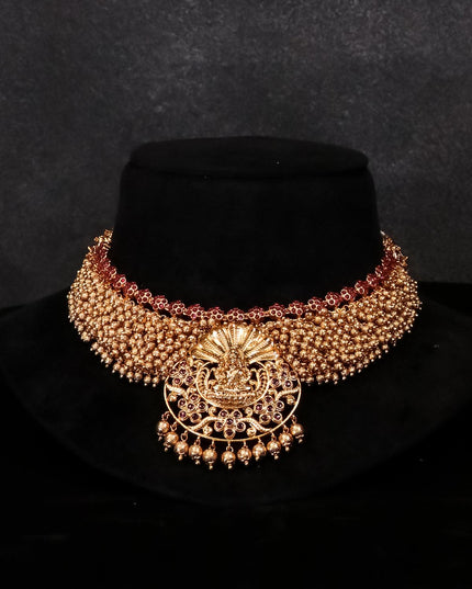 Antique lakshmi necklace with kemp stone and golden beads - {{ collection.title }} by Prashanti Sarees