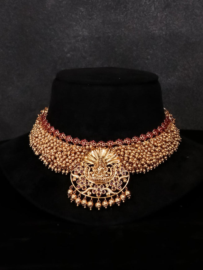 Antique lakshmi necklace with kemp stone and golden beads - {{ collection.title }} by Prashanti Sarees