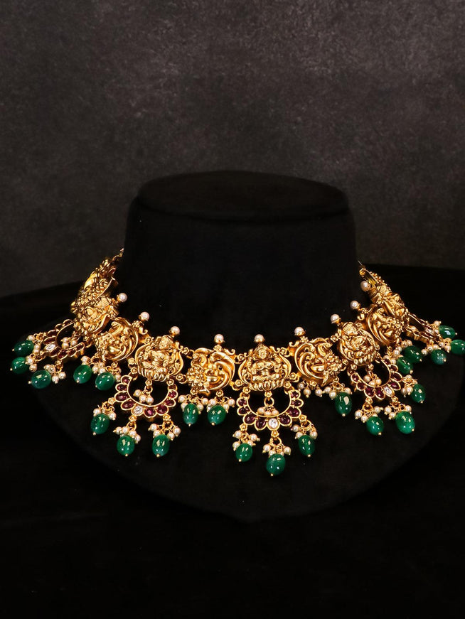 Antique lakshmi necklace with kemp stone - {{ collection.title }} by Prashanti Sarees