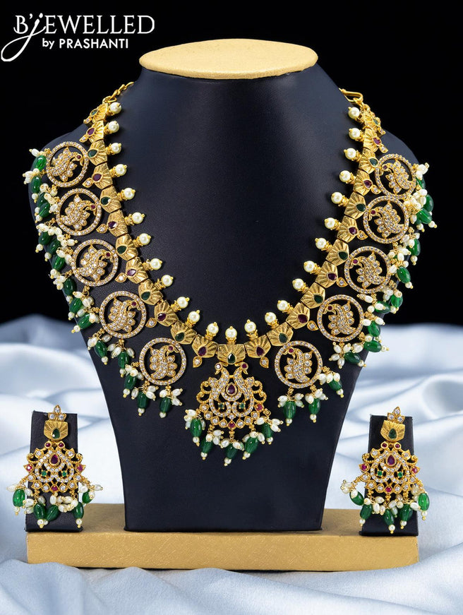 Antique necklace kemp and cz stone with green beads hangings - {{ collection.title }} by Prashanti Sarees