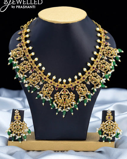 Antique necklace kemp and cz stone with green beads hangings - {{ collection.title }} by Prashanti Sarees