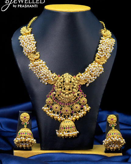Antique necklace kemp stone and lakshmi pendant with golden beads hanging - {{ collection.title }} by Prashanti Sarees