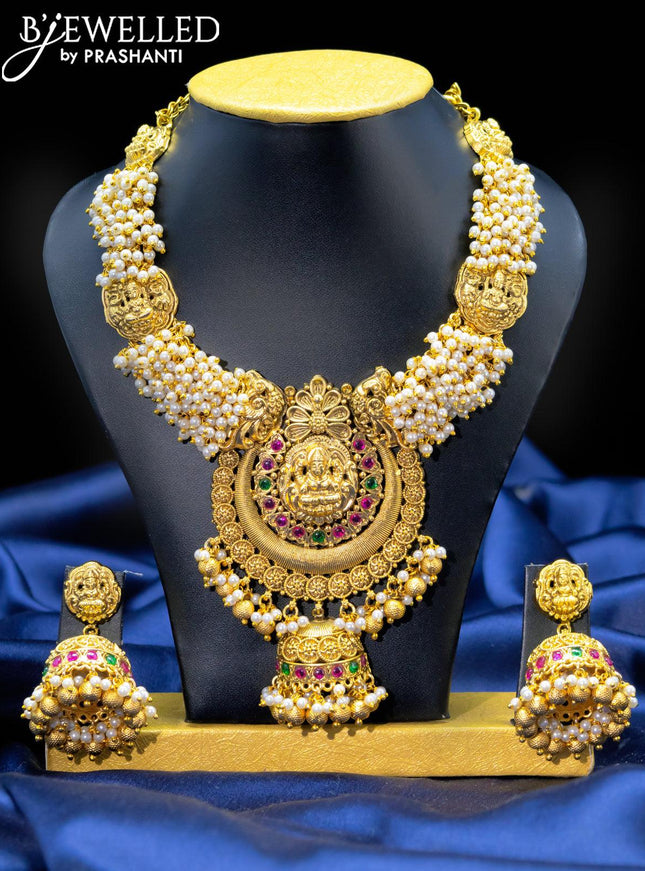 Antique necklace kemp stone and lakshmi pendant with pearl hangings - {{ collection.title }} by Prashanti Sarees
