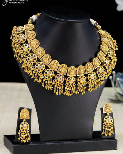Antique necklace kemp stone with lakshmi pendant and golden beads hanging - {{ collection.title }} by Prashanti Sarees