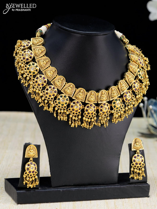 Antique necklace kemp stone with lakshmi pendant and golden beads hanging - {{ collection.title }} by Prashanti Sarees