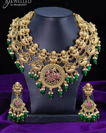 Antique necklace lakshmi and peacock design with kemp stone pendant - {{ collection.title }} by Prashanti Sarees