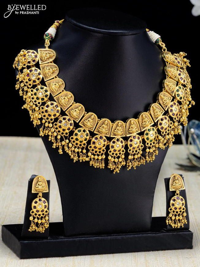Antique necklace lakshmi design kemp and cz stone with golden beads hangings - {{ collection.title }} by Prashanti Sarees