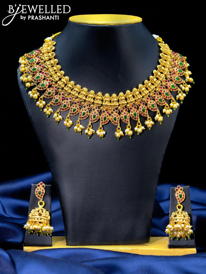 Antique necklace lakshmi design with kemp stone and golden beads hanging - {{ collection.title }} by Prashanti Sarees
