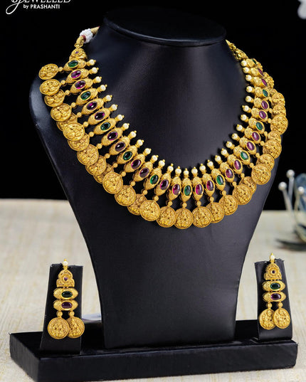 Antique necklace lakshmi design with kemp stone and pearls - {{ collection.title }} by Prashanti Sarees