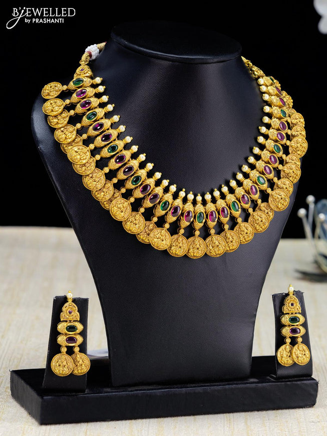 Antique necklace lakshmi design with kemp stone and pearls - {{ collection.title }} by Prashanti Sarees