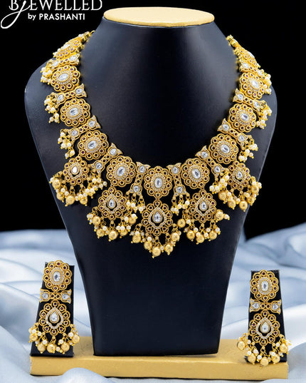 Antique necklace with cz stone and golden beads hangings - {{ collection.title }} by Prashanti Sarees