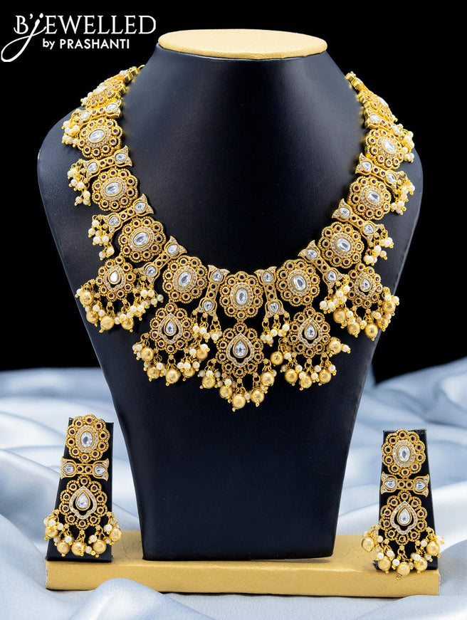 Antique necklace with cz stone and golden beads hangings - {{ collection.title }} by Prashanti Sarees