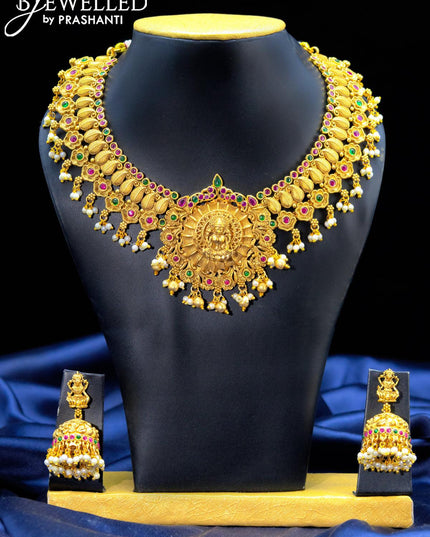 Antique necklace with kemp stone and lakshmi pendant - {{ collection.title }} by Prashanti Sarees
