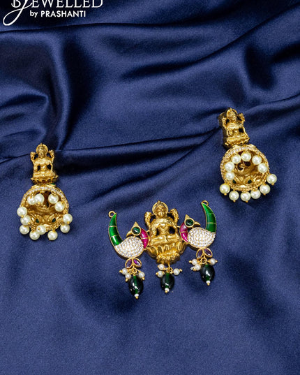 Antique pendant set lakshmi design kemp and cz stone with pearl hangings - {{ collection.title }} by Prashanti Sarees
