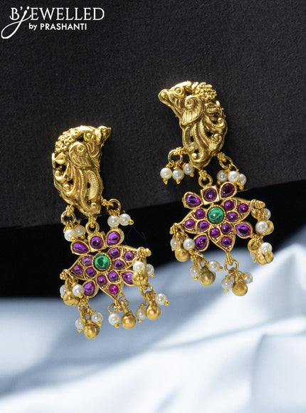 Antique simple necklace with kemp stone and golden beads hanging - {{ collection.title }} by Prashanti Sarees