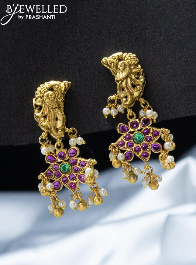 Antique simple necklace with kemp stone and golden beads hanging - {{ collection.title }} by Prashanti Sarees