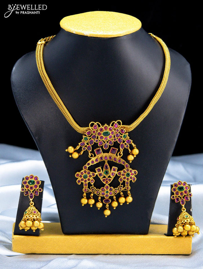 Antique simple necklace with kemp stone and golden beads hanging - {{ collection.title }} by Prashanti Sarees