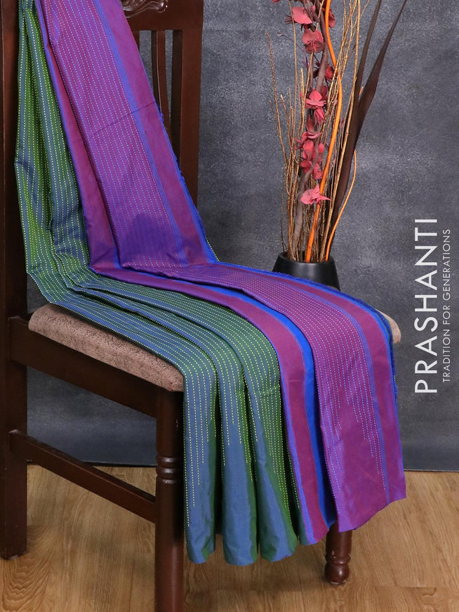 Arani semi silk saree bluish green and dual shade of purple with allover thread weaves in borderless style - {{ collection.title }} by Prashanti Sarees