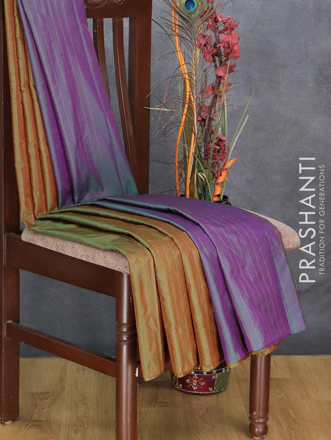 Arani semi silk saree dual shade of green and dual shade of greenish purple with allover zari weaves in borderless style - {{ collection.title }} by Prashanti Sarees