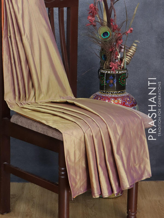 Arani semi silk saree dual shade of green and dual shade of yellowish pink with allover copper zari weaves in borderless style - {{ collection.title }} by Prashanti Sarees