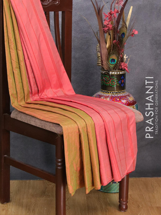 Arani semi silk saree dual shade of green and red shade with allover zari weaves in borderless style - {{ collection.title }} by Prashanti Sarees