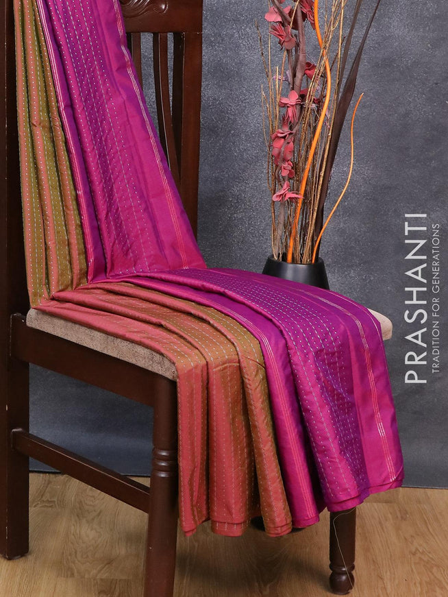 Arani semi silk saree dual shade of greenish pink and purple with allover silver zari weaves in borderless style - {{ collection.title }} by Prashanti Sarees