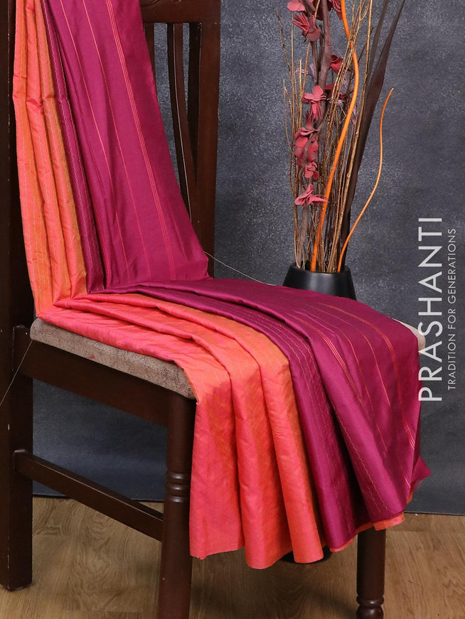 Arani semi silk saree dual shade of pinkish yellow and purple with allover copper zari weaves in borderless style - {{ collection.title }} by Prashanti Sarees