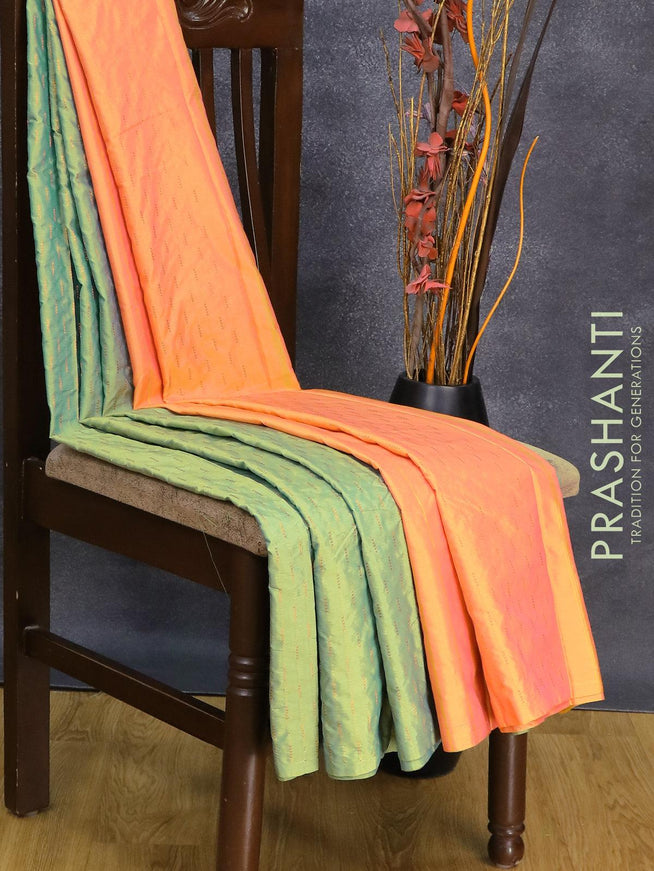Arani semi silk saree dual shade of teal green and dual shade of pinkish yellow with allover zari woven weaves in borderless style - {{ collection.title }} by Prashanti Sarees