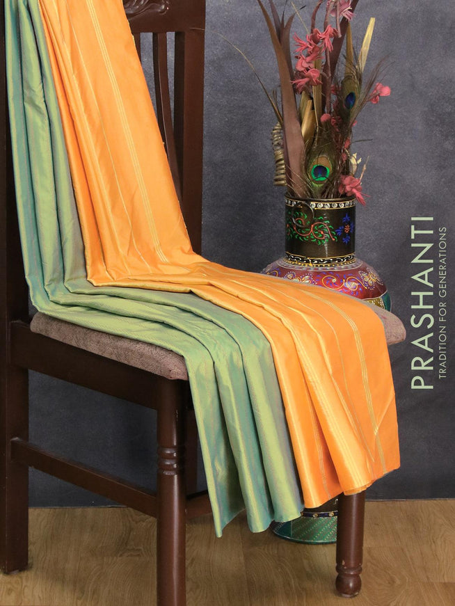 Arani semi silk saree dual shade of teal green and yellow shade with allover copper zari weaves in borderless style - {{ collection.title }} by Prashanti Sarees