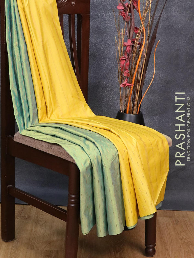 Arani semi silk saree dual shade of teal green and yellow with copper zari woven butta weaves in borderless style - {{ collection.title }} by Prashanti Sarees