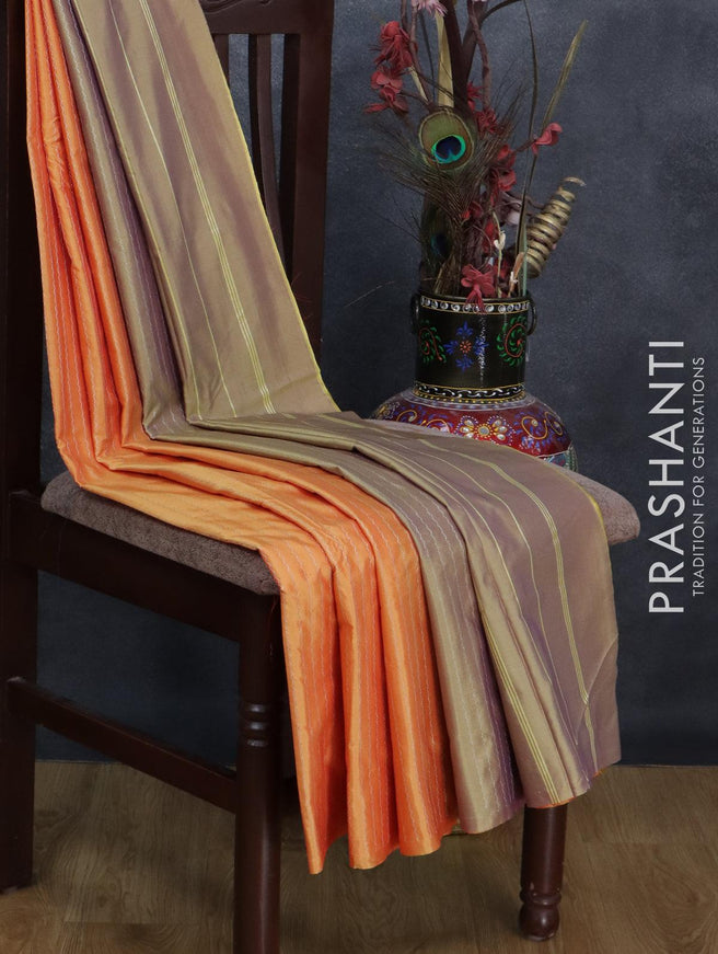 Arani semi silk saree dual shade of yellow and dual shade of yellowish purple with allover copper zari weaves in borderless style - {{ collection.title }} by Prashanti Sarees