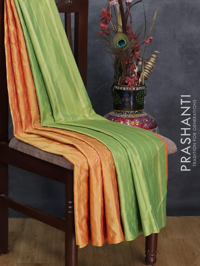 Arani semi silk saree dual shade of yellow and green shade with allover silver zari weaves in borderless style - {{ collection.title }} by Prashanti Sarees