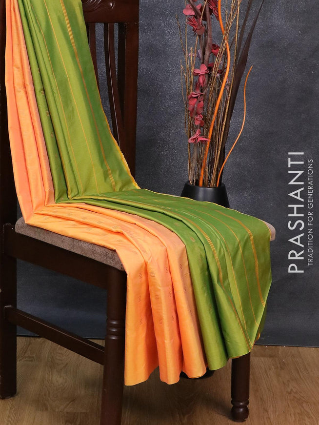 Arani semi silk saree dual shade of yellow and light green with allover copper zari weaves in borderless style - {{ collection.title }} by Prashanti Sarees