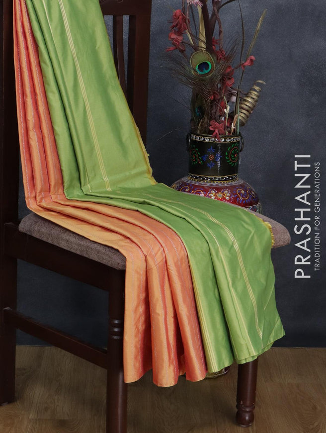 Arani semi silk saree dual shade of yellowish pink and dual shade of green with allover silver zari weaves in borderless style - {{ collection.title }} by Prashanti Sarees