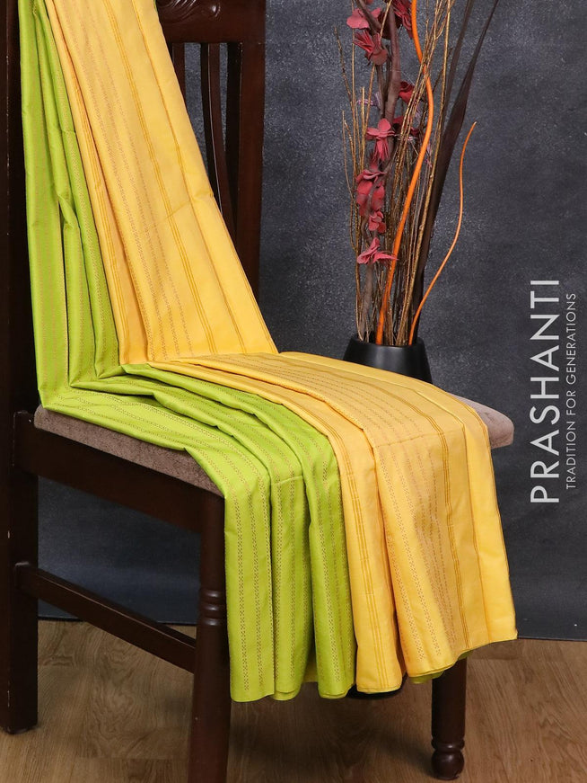 Arani semi silk saree fluorescent green and yellow with allover copper zari weaves in borderless style - {{ collection.title }} by Prashanti Sarees