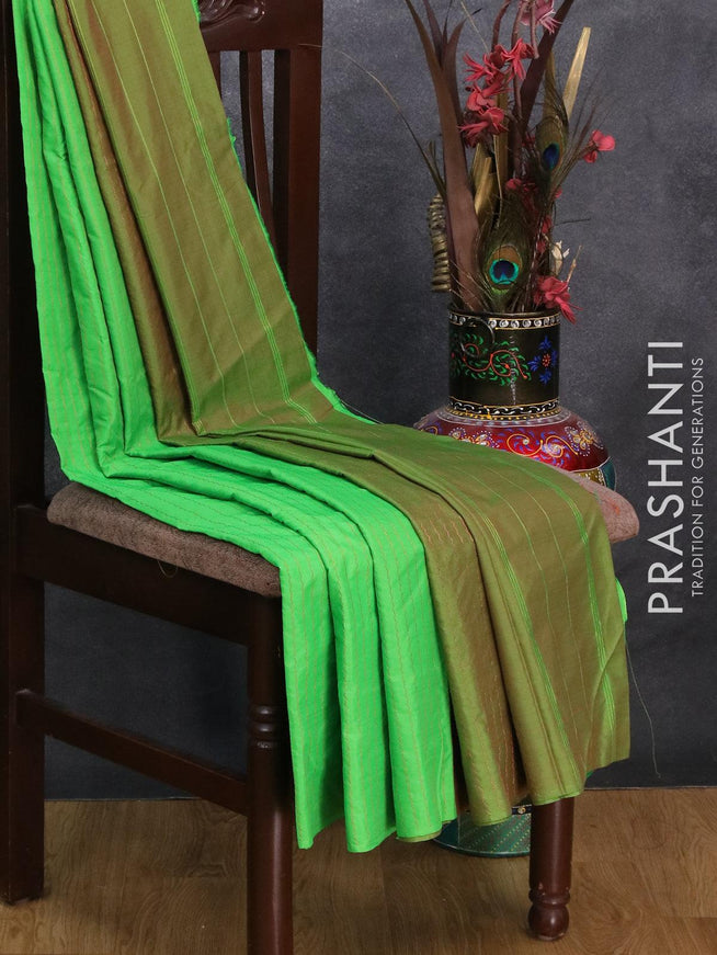 Arani semi silk saree green and dual shade of greenish red with allover copper zari weaves in borderless style - {{ collection.title }} by Prashanti Sarees