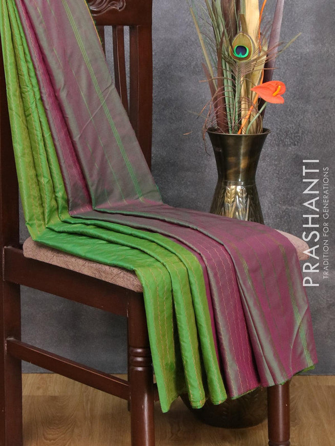 Arani semi silk saree green and dual shade of pink with allover zari weaves in borderless style - {{ collection.title }} by Prashanti Sarees
