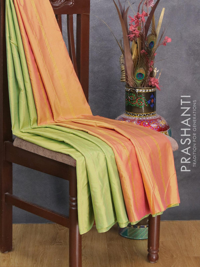 Arani semi silk saree light green and dual shade of pink with allover copper zari weaves in borderless style - {{ collection.title }} by Prashanti Sarees