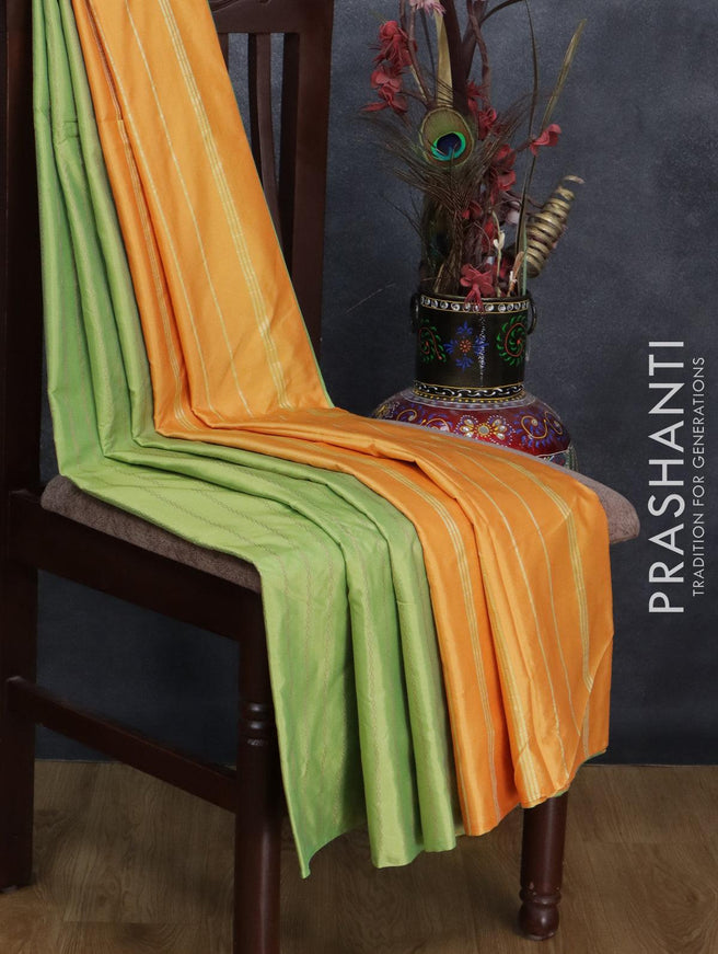 Arani semi silk saree light green and dual shade of yellowish pink with allover copper zari weaves in borderless style - {{ collection.title }} by Prashanti Sarees