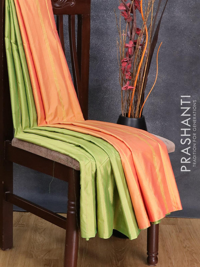 Arani semi silk saree light green and dual shade of yellowish pink with allover zari weaves in borderless style - {{ collection.title }} by Prashanti Sarees
