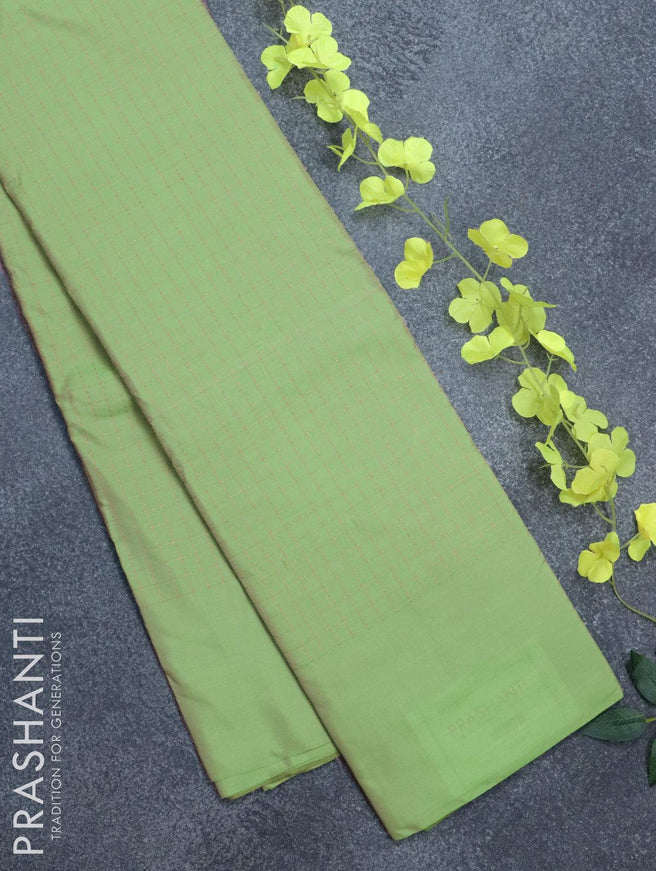 Arani semi silk saree light green with allover copper zari checked pattern and simple border - {{ collection.title }} by Prashanti Sarees