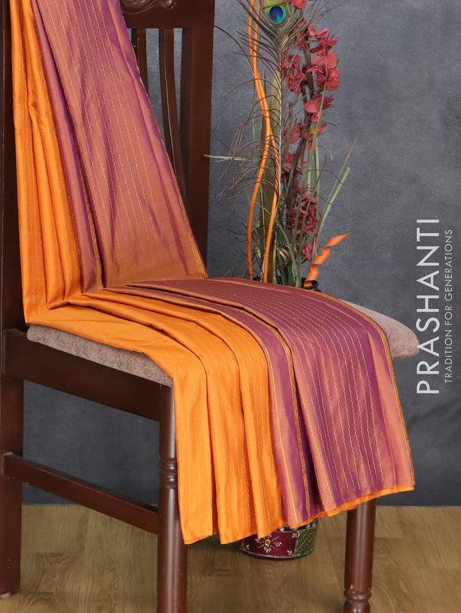 Arani semi silk saree mango yellow and dual shade of purple with allover zari weaves in borderless style - {{ collection.title }} by Prashanti Sarees