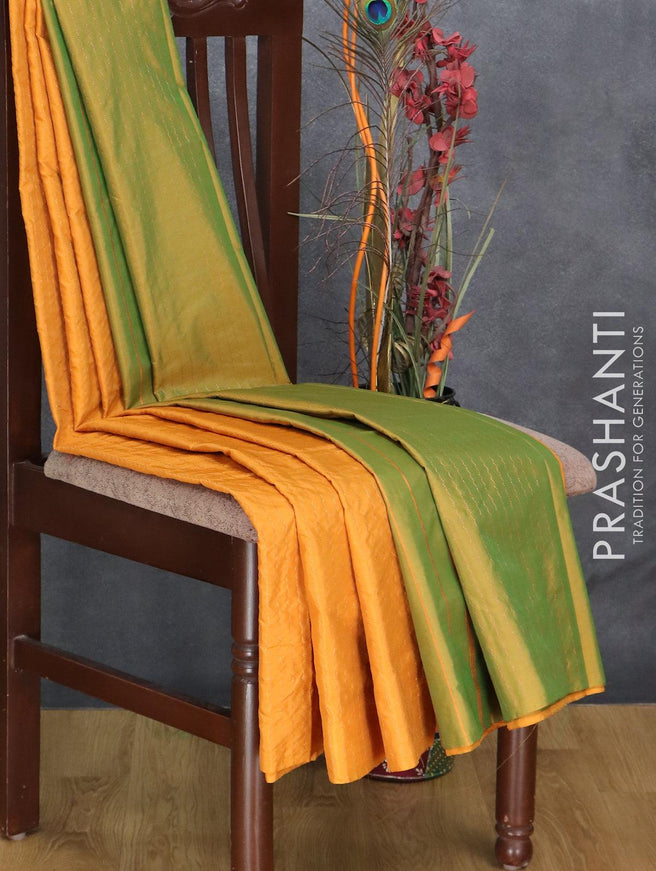 Arani semi silk saree mustard yellow and dual shade of green with allover zari weaves in borderless style - {{ collection.title }} by Prashanti Sarees