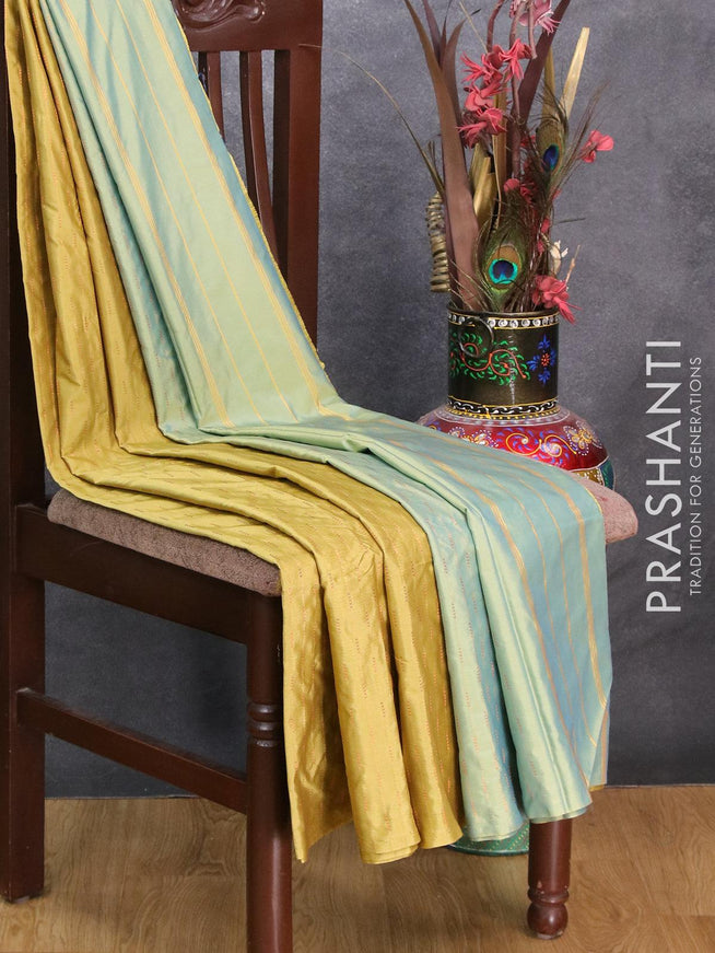 Arani semi silk saree olive green shade and dual shade of blue shade with copper zari woven butta weaves in borderless style - {{ collection.title }} by Prashanti Sarees