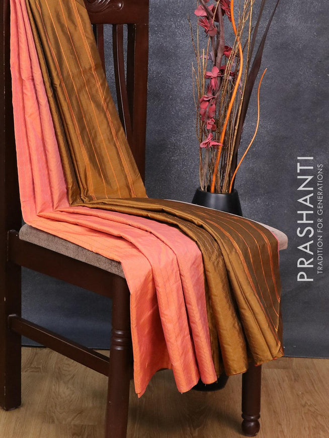 Arani semi silk saree peach orange and dark mustard with allover copper zari weaves in borderless style - {{ collection.title }} by Prashanti Sarees