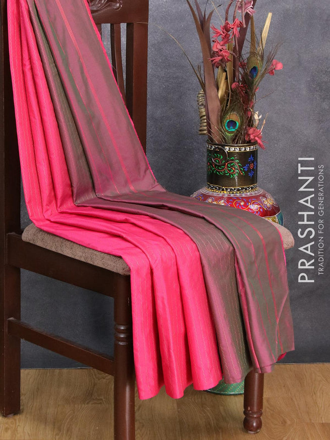 Arani semi silk saree pink and dual shade of green with allover copper zari weaves in borderless style - {{ collection.title }} by Prashanti Sarees