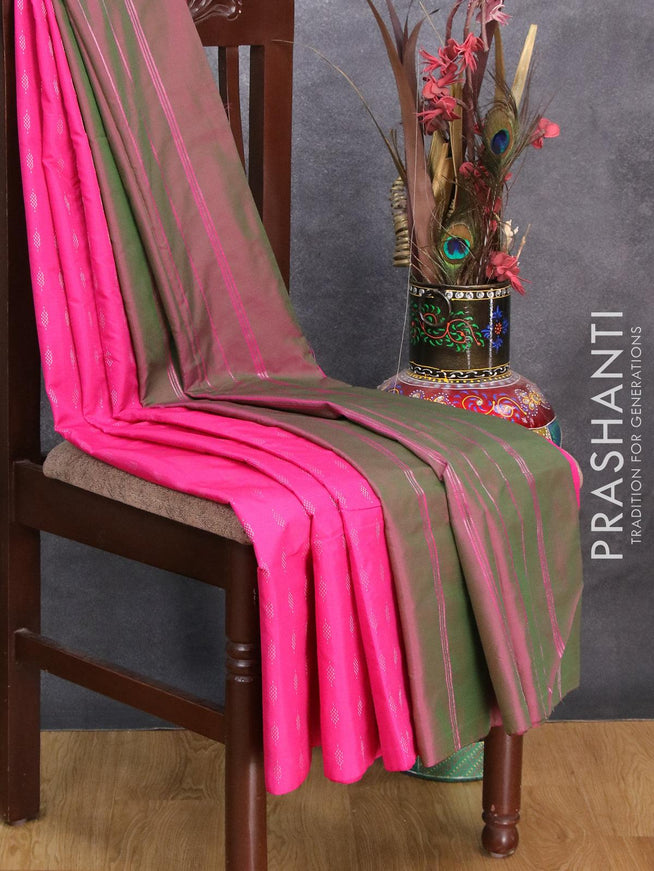 Arani semi silk saree pink and dual shade of green with allover silver zari woven buttas in borderless style - {{ collection.title }} by Prashanti Sarees
