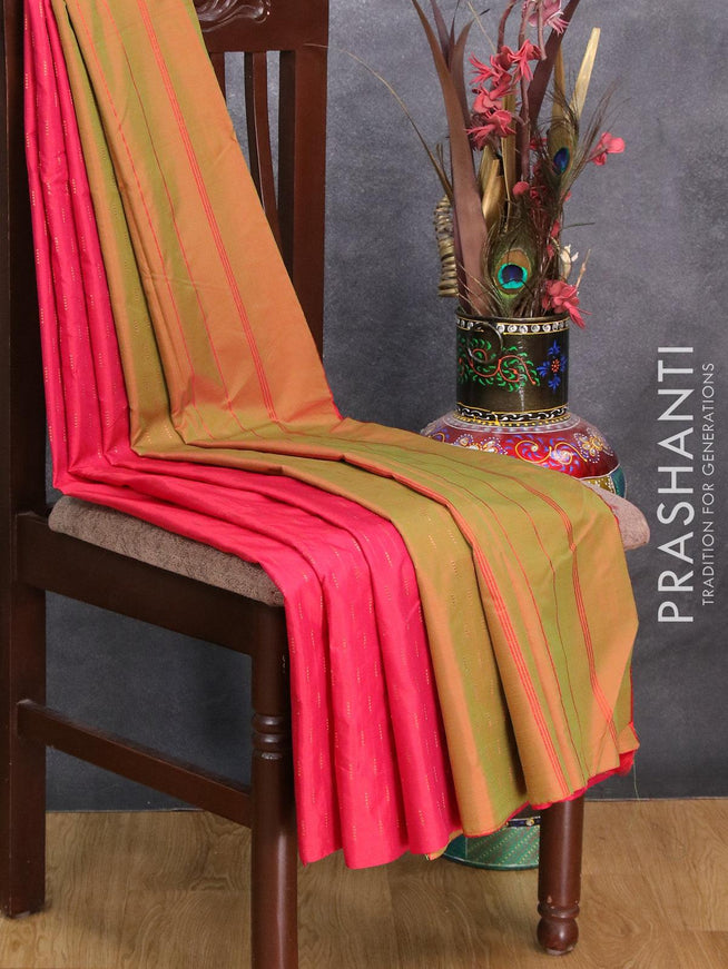 Arani semi silk saree pink and dual shade of green with copper zari woven butta weaves in borderless style - {{ collection.title }} by Prashanti Sarees