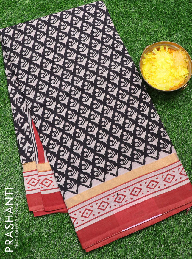 Assam silk saree black and rust shade with allover prints and zari woven simple border - {{ collection.title }} by Prashanti Sarees